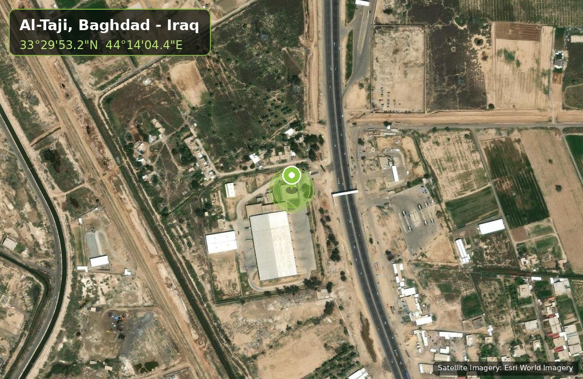 Satellite view of the General Company for Food Stuff Trading site in Al-Taji, Baghdad at coordinates 33°29'53.2"N 44°14'04.4"E